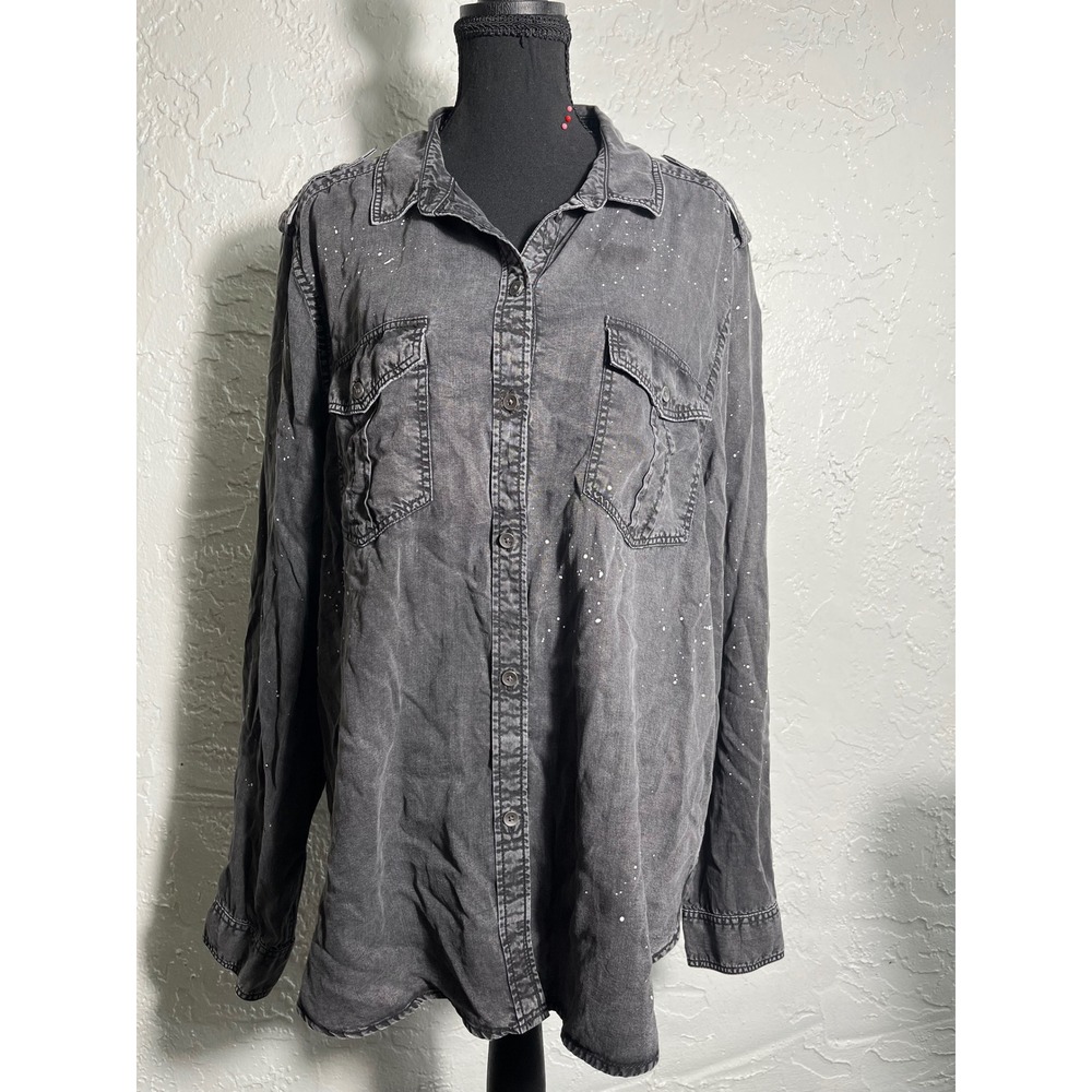 American Eagle Boyfriend Fit XL Gray Paint Splatter Button Down Shirt Oversized